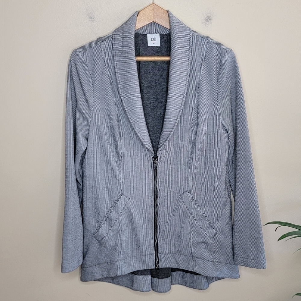 Cabi | #5300 Drop Off Gray Pinstriped Zip Jacket
